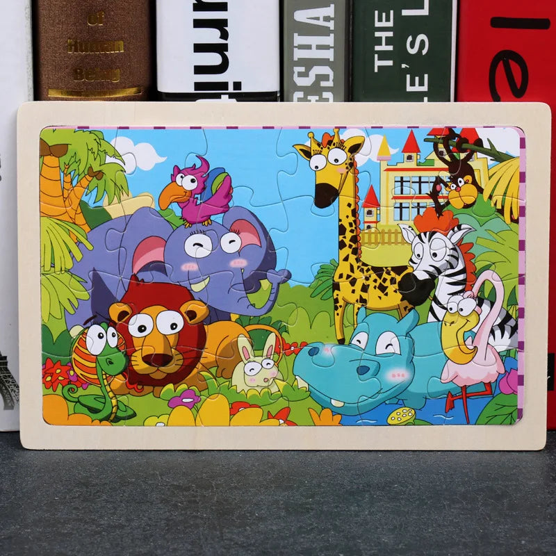 Rompecabezas de madera de 24 piezas para niños, diseño de animales de dibujos animados, juguete educativo temprano de madera para niños, regalo