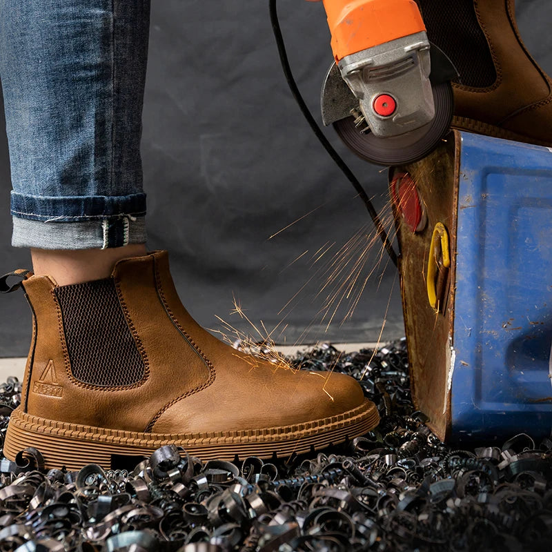Zapatos de seguridad impermeables para hombre, botas de cuero con punta de acero, calzado masculino, botas de trabajo de construcción indestructibles, color marrón