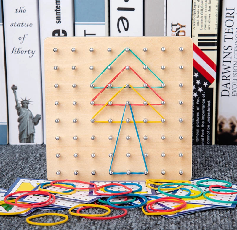 Juego de juguetes de madera Montessori de matemáticas para niños, figuras geométricas, banda elástica, tabla de clavos, juguete educativo creativo, regalo de Navidad ideal