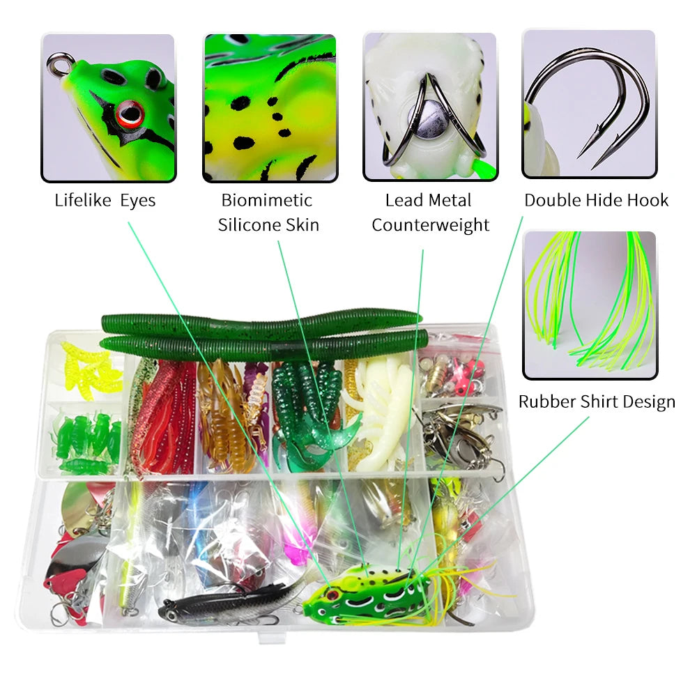 Kit de señuelos de pesca, juego de cebos blandos y duros, capa de engranajes Minnow, plantilla de metal, cuchara para bajo, lucio, accesorios de aparejos de manivela con caja