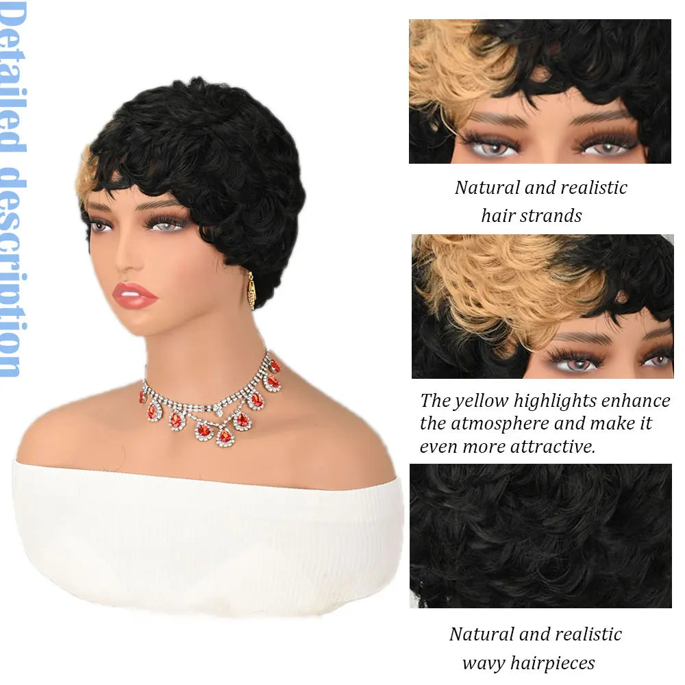 Two Tone Short Curly Synthetic Wig for Women Black and Blonde Pixie Cut Wig with Bangs Heat Resistant Fiber Natural Fluffy Wigs