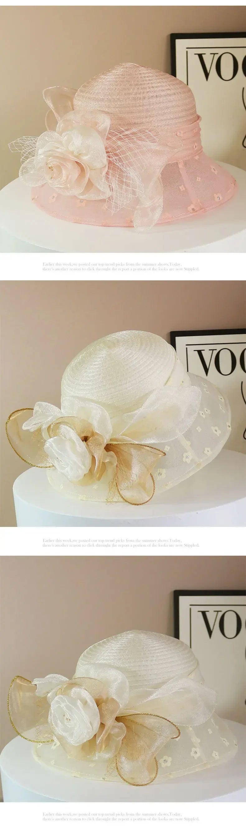 Sombrero de moda para mujer, elegante, de organza, con flor, ala ancha, para el sol, estilo retro, accesorio para fiesta o banquete, plegable para la playa