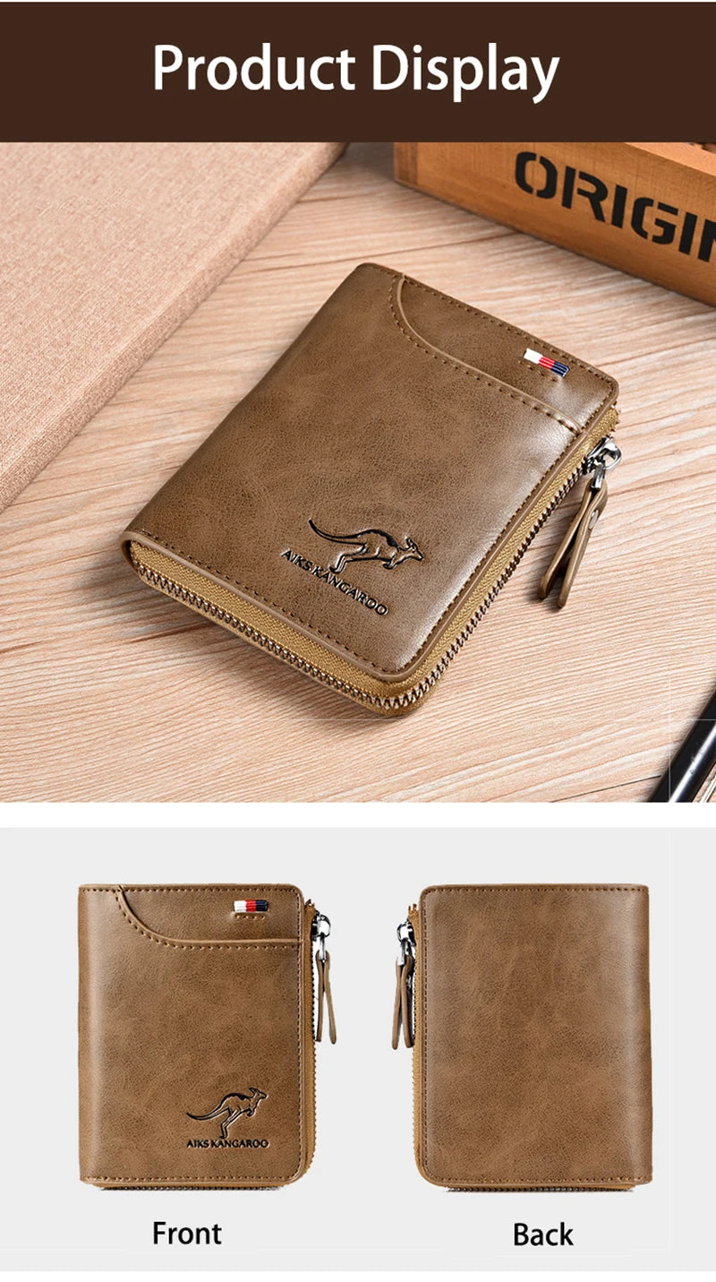 Cartera de cuero para hombre, tarjetero de negocios con cremallera, carteras de lujo para hombre, protección RFID, cartera masculina de lujo