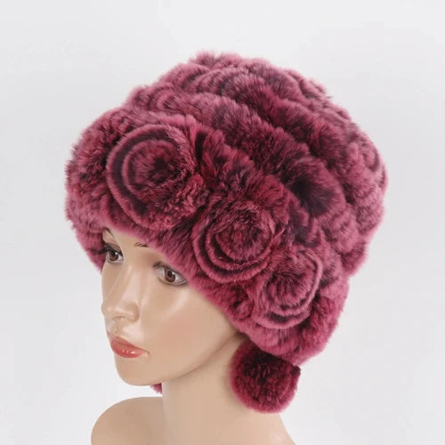 Hot Sale Winter Women Flowers Striped Natural Real Rex Rabbit Fur Hats Lady Warm Knit Genuine Fur Caps Russian Outdoor Fur Hats