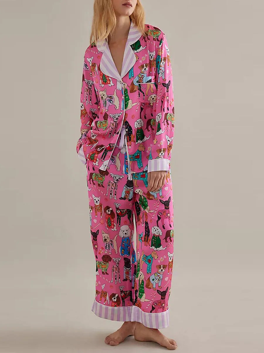 Conjunto de pijama de mujer con estampado de animales y comida, tops de manga larga con botones y pantalones, ropa de dormir para estar en casa