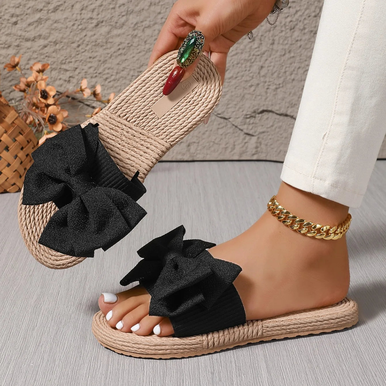 Zapatillas de mujer con lazo a la moda, sandalias antideslizantes, resistentes al desgaste, zapatos cómodos, suela blanda, tacón plano, pantuflas para mujer