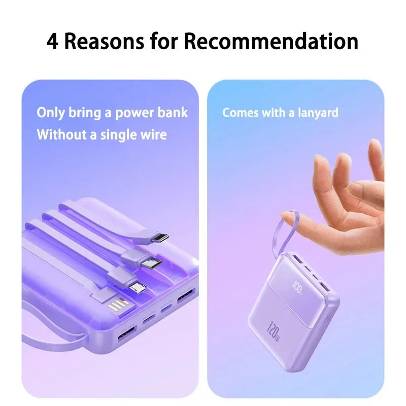 Bærbar powerbank 50000mAh 120W superrask lading mobil eksternt batteri med fire kabler lader egnet for iPhone Xiaomi