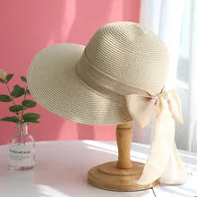 Sombrero de sol de verano estilo bohemio para mujer, protección solar, gorra de pescador de paja de playa, visera de encaje con lazo grande a la moda