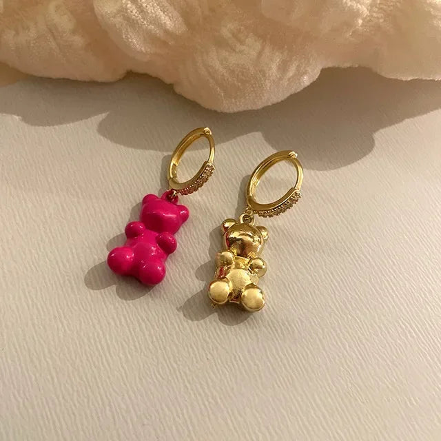 Pendientes colgantes de oso de gominola de acrílico bonitos para mujer, pendientes de aro de oso arcoíris CZ, joyería dulce de niña, moda coreana 2022