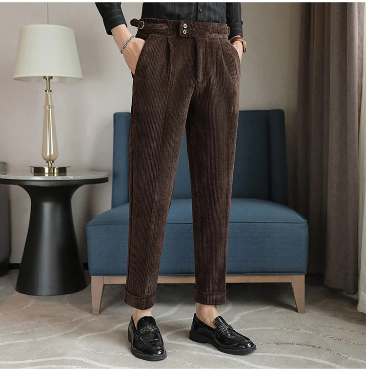 Nuevo pantalón informal de cintura alta de felpilla napolitana de lujo ligero para hombres, pantalón de vestir para hombres de ajuste delgado con sensación premium, pantalón
