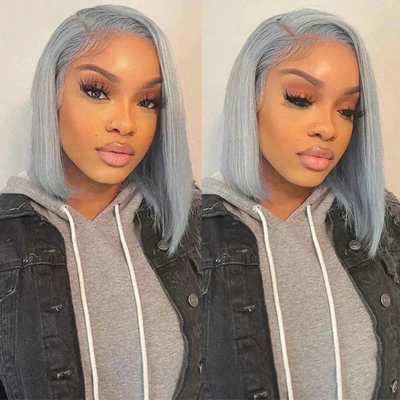 Peluca plateada gris con encaje frontal corto bob, recta, con encaje transparente de 13x4, de cabello humano para mujeres negras, de 8, 10, 12, 14 pulgadas
