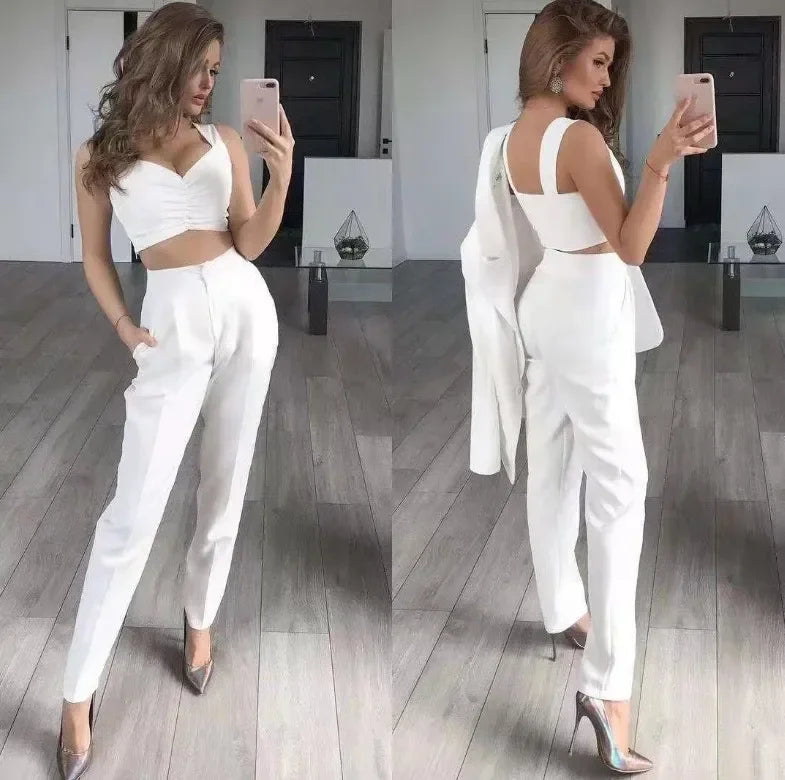 Nuevo Traje Elegante de Oficina para Mujer de 3 Piezas, Transpirable, con Cuello Vuelto, Trajes de Chaqueta y Vestido para Mujer, Chaqueta Delgada + Chaleco + Conjunto de Pantalones