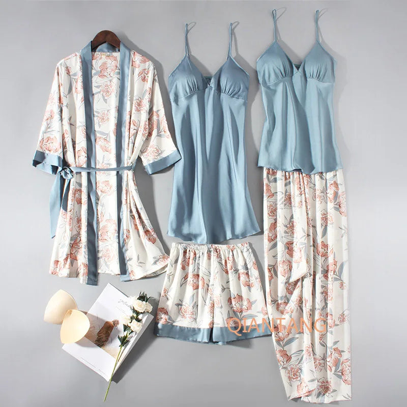 Conjunto de pijama de mujer, ropa de dormir casual, traje de bata de satén, ropa de noche para estar en casa, cuello en V, pijama suave, albornoz kimono, camisón lencería