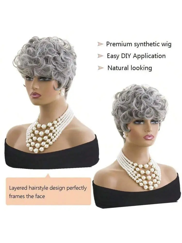 Short Pixie Cut Wig with Bangs for Black Women, Fluffy Curly Wig, Natural Wavy synthetic Wigs, Grey