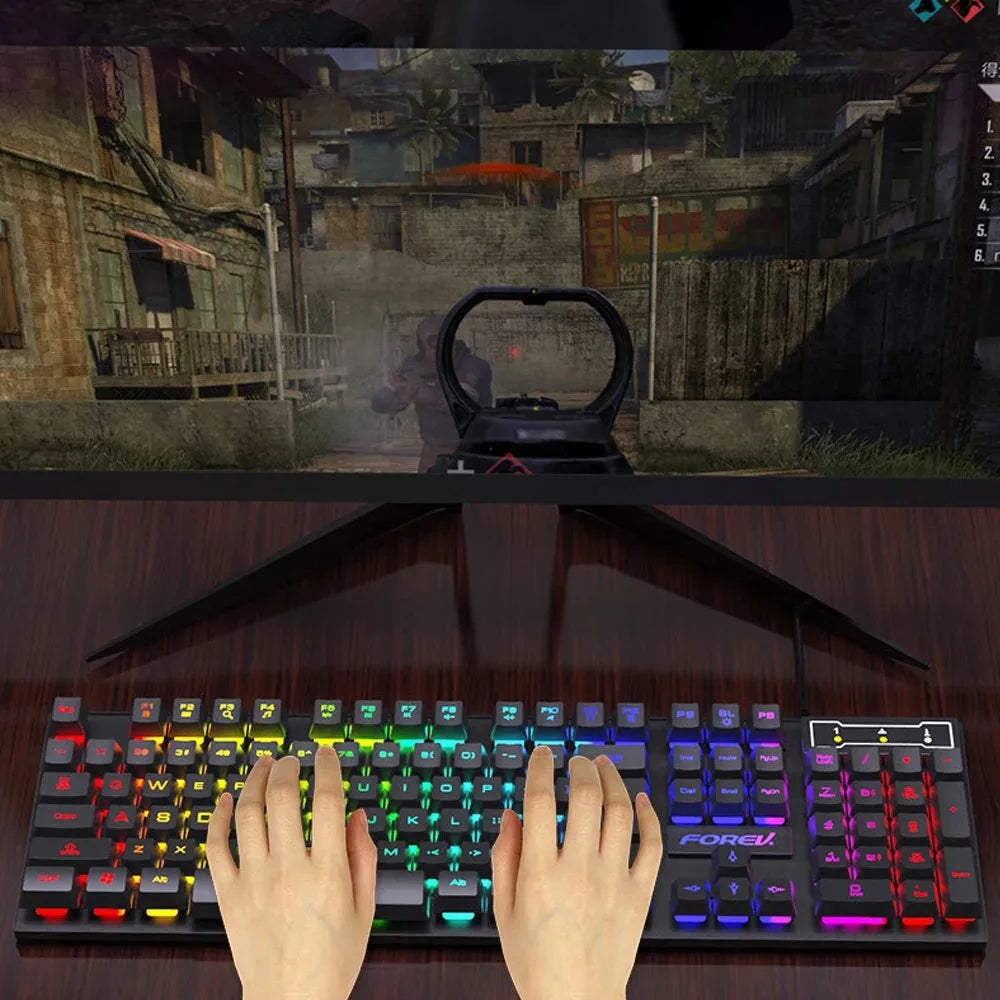 Teclado mecánico retroiluminado de 104 teclas, teclado de juego con cable, teclado luminoso resistente al agua y juego de ratón para PC, portátil, oficina para jugadores