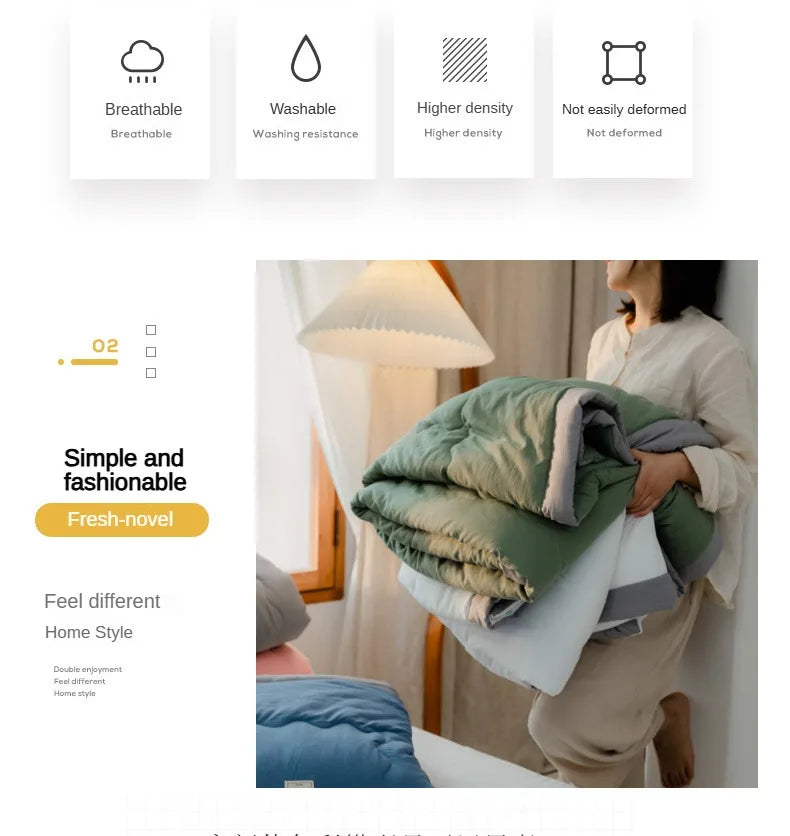 Nouvelle couette d'été matelassée en coton polyester japonais douce pour la peau, lavable, légère, style luxueux, couleur unie, légère