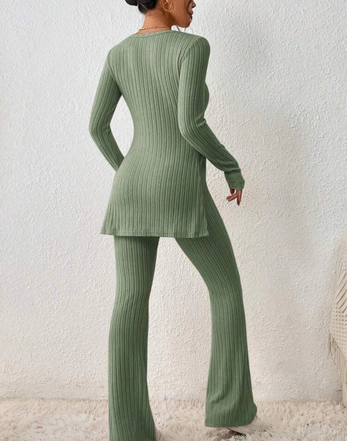 Ropa de Mujer Otoño Invierno Nuevo Estilo Color Sólido Sexy Casual Manga Larga Cuello Redondo Rajado Moda Temperamento Conjunto de Dos Piezas