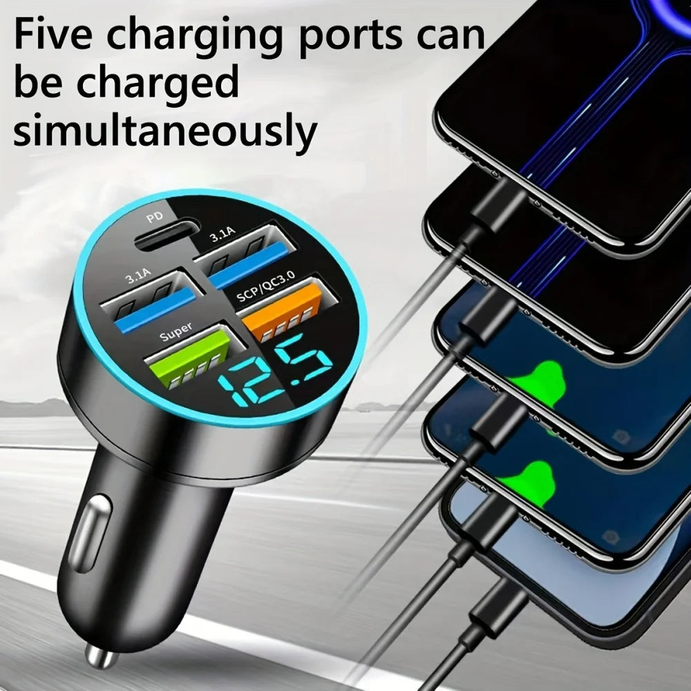 250W 5 Ports Car Charger Fast Charging USB C Car Phone Charger For iPhone 15 Samsung Xiaomi Huawei PD Type C Mini Adapter In Car