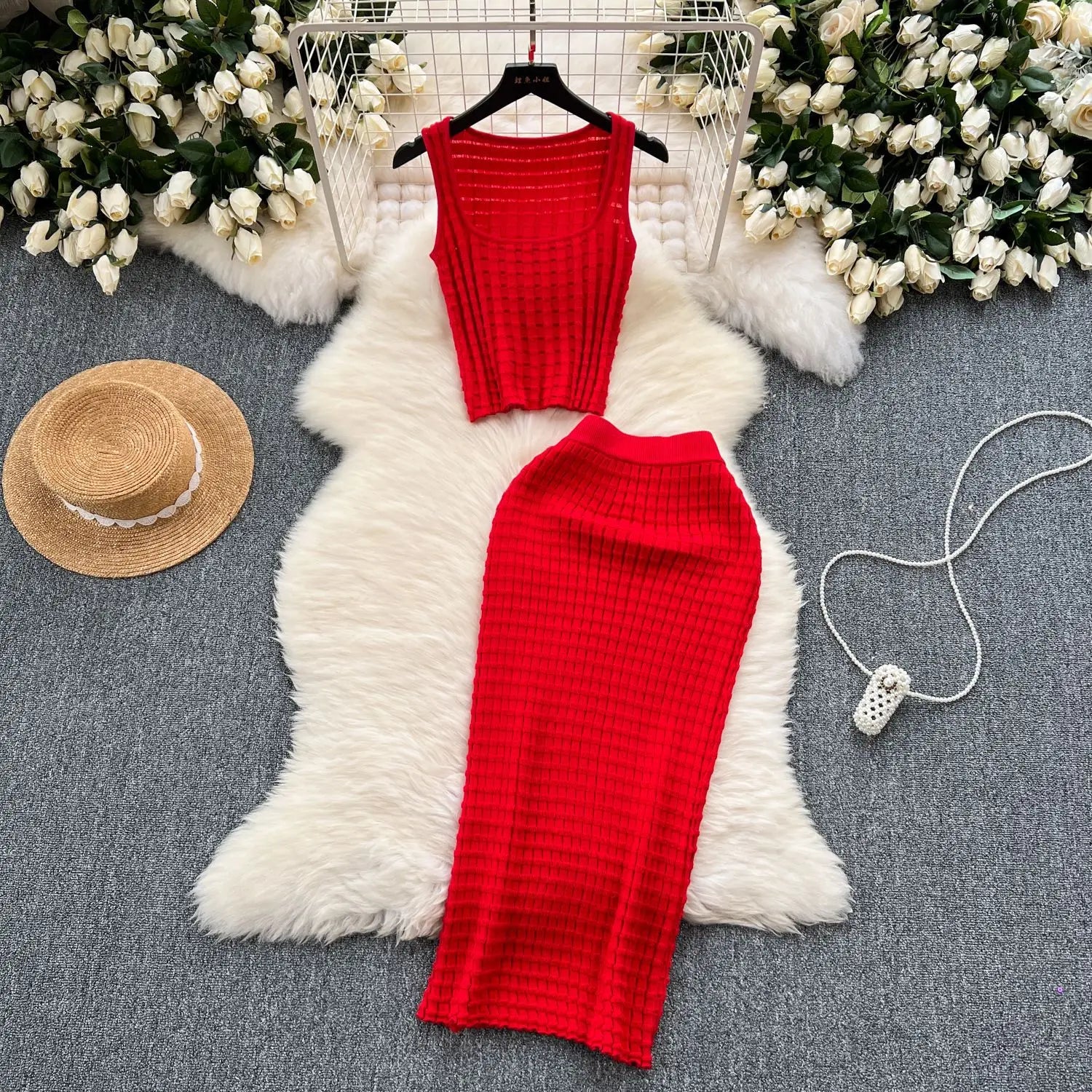 Conjunto de Falda para Mujer, Trajes de Dos Piezas, Chalecos, Tops Cortos, Faldas Largas de Punto Ajustadas, Cintura Alta, Estilo Urbano Y2K 2025, Para Fiesta o Playa