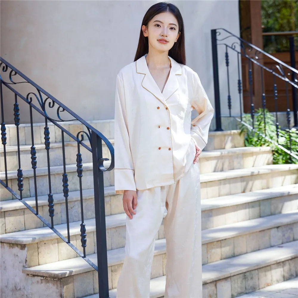 Women Pajamas Set Sleepwear Sexy Double-Breasted Jacquard Satin Pijamas Suit Spring Home Wear Loungewear