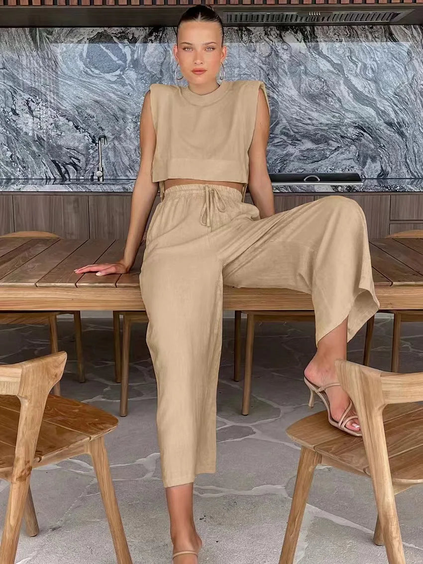 Cotton And Linen Pant Sets Women Sleeveless Leace-up Short Tops Drawstring Long Pants Two Piece Set Commuting 2025 Summer New
