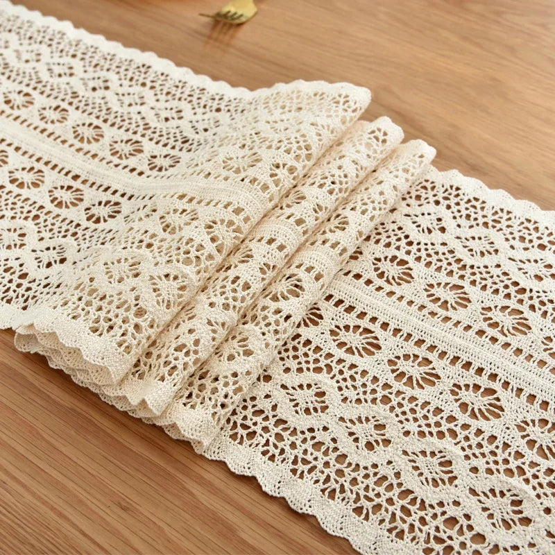 Table Runner Beige Christmas Crochet Lace Cotton Blended Fabric With Tassel For Coffee Table Decor Wedding Decoration