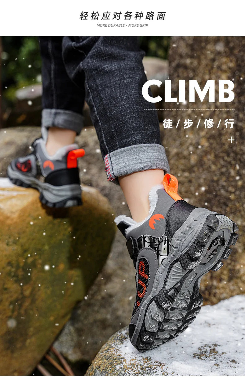 Winter Plus Velvet Hiking Shoes For Kids Non-slip Platform High Top Sports Shoes Boys Outdoor Warm Plush Children's Sneakers