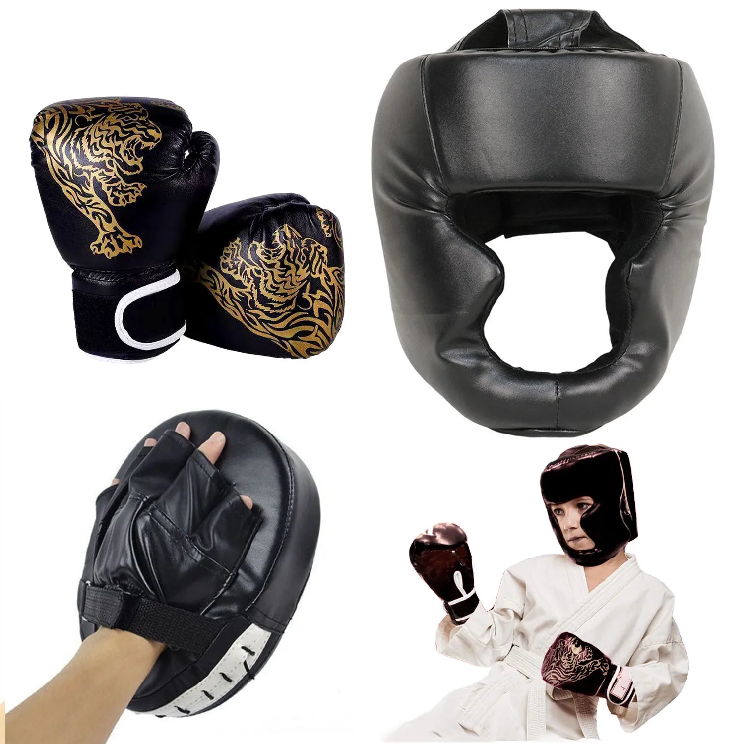Gants de boxe de sécurité MMA pour adultes et enfants, casque, protection de la tête, gants en cuir PU, entraînement de boxe pour enfants, kickboxing, cible de boxe
