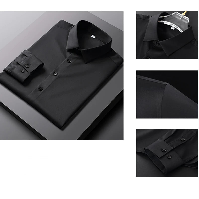 Camisa de manga larga de color liso para hombre, informal y a la moda, que no necesita planchado y es resistente a las arrugas, top de negocios