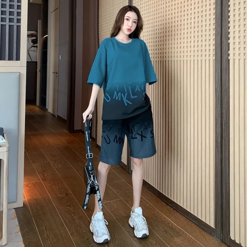 Women's Casual Sports Short Suit Summer New Fashion Fried Street Long T-shirt Crop Tops 2 Two Piece Set For Women Tracksuit