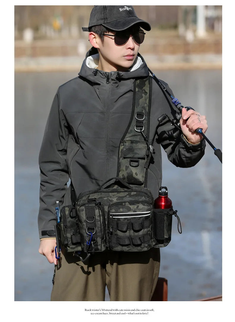 Fishing Tackle Backpack Lure Box Gear Storage Bag Fanny Pack for Men Fly Fishing Backpack with Rod Holder Sling Shoulder Bag