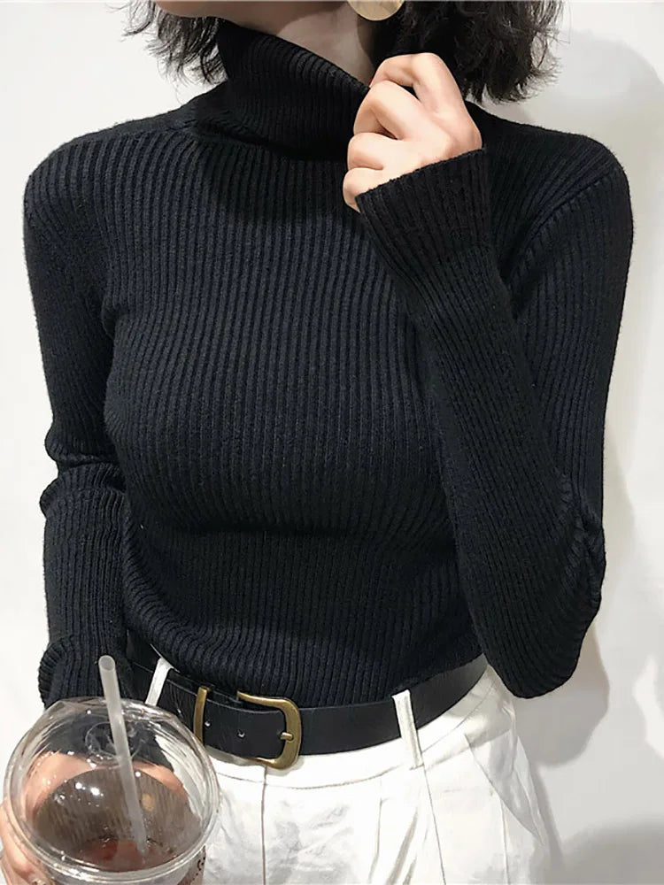 Jersey de cuello alto para mujer, blusa de otoño e invierno, jersey coreano ajustado para mujer, suéter de punto, jersey para mujer, invierno