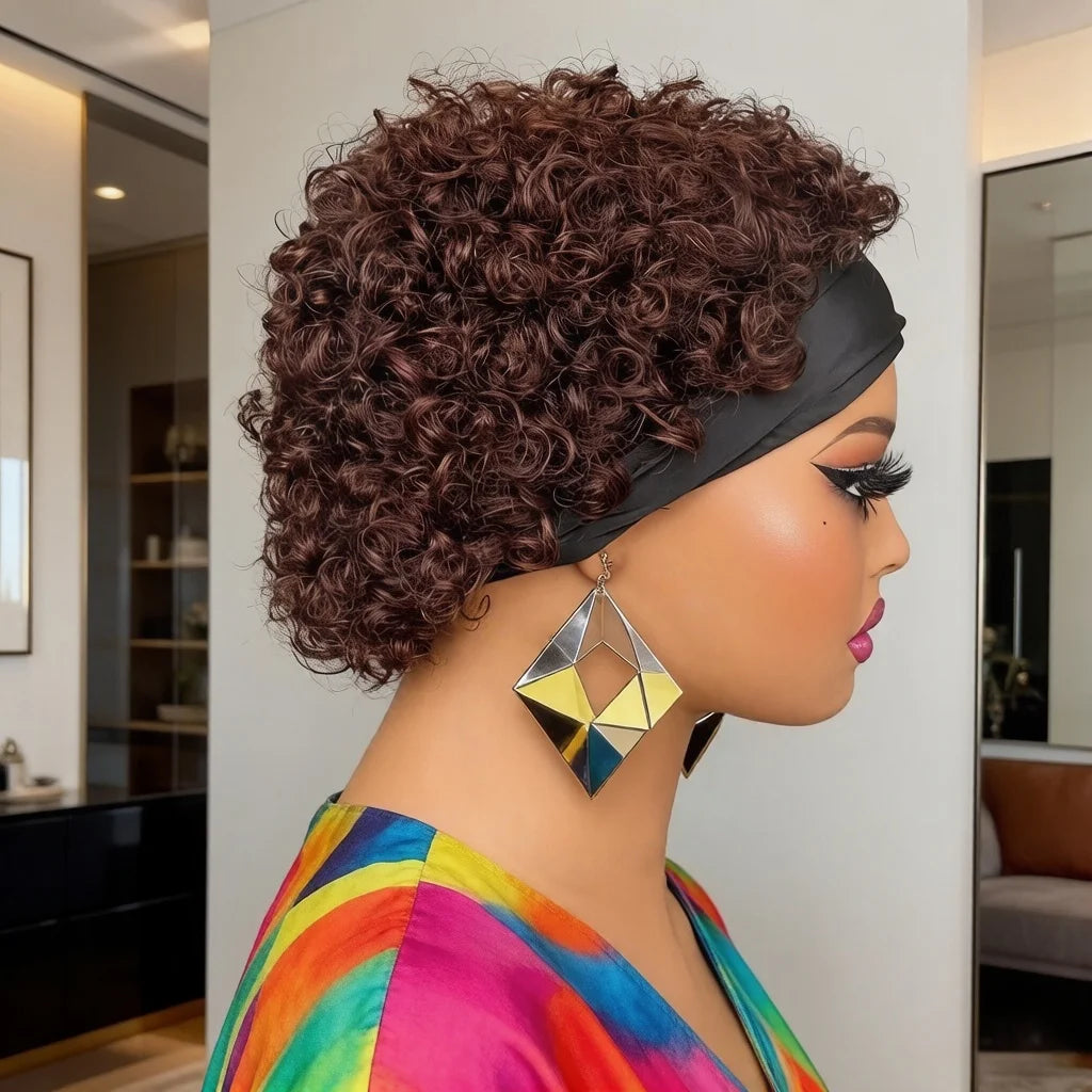 Pixie Cut Headband Wig Human Hair 180% Density Short full machine made Headband Wigs for Women
