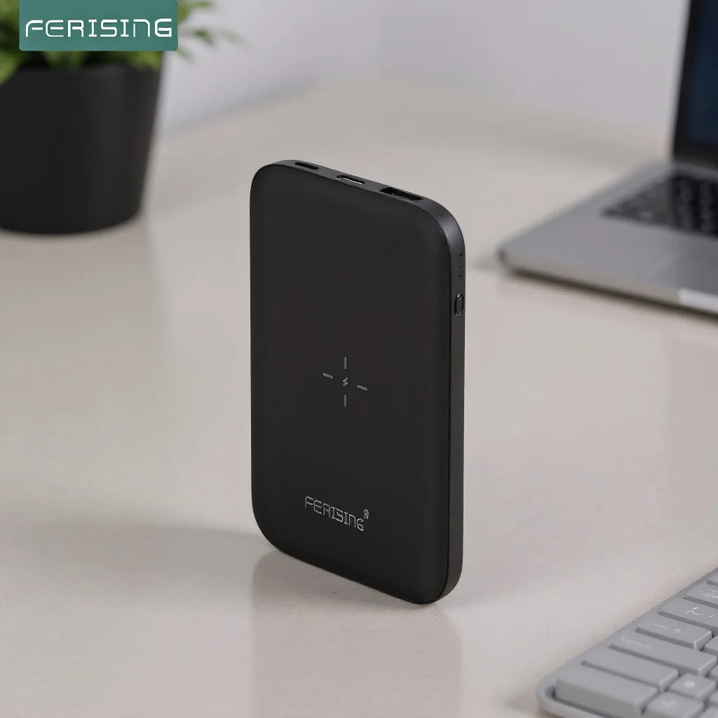 FERISING Wireless Power Bank, 3Port, 5000mAh, USB Type C, Portable External Battery Charger for Xiaomi, Oneplus, Realme, Huawei