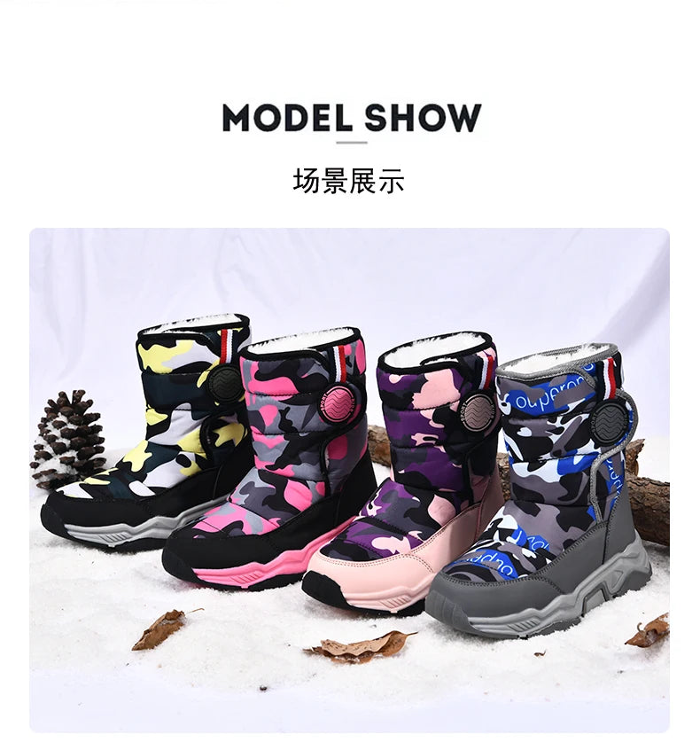 Winter Children Casual Shoes Girls Non-slip Warm Fur Snow Boots Boys Tactical Sneakers Kids Outdoor Footwear Padded Boots Female