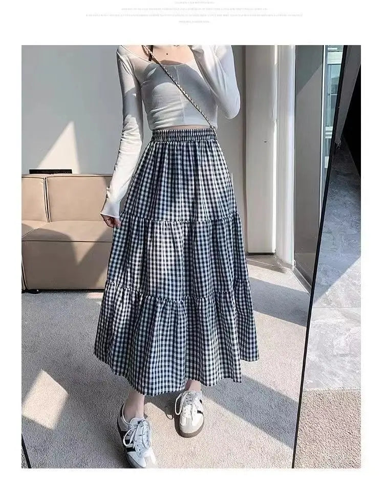 Jupe patchwork à volants pour femme, style vintage, à carreaux, taille haute, élastique, amincissante, mi-longue, été