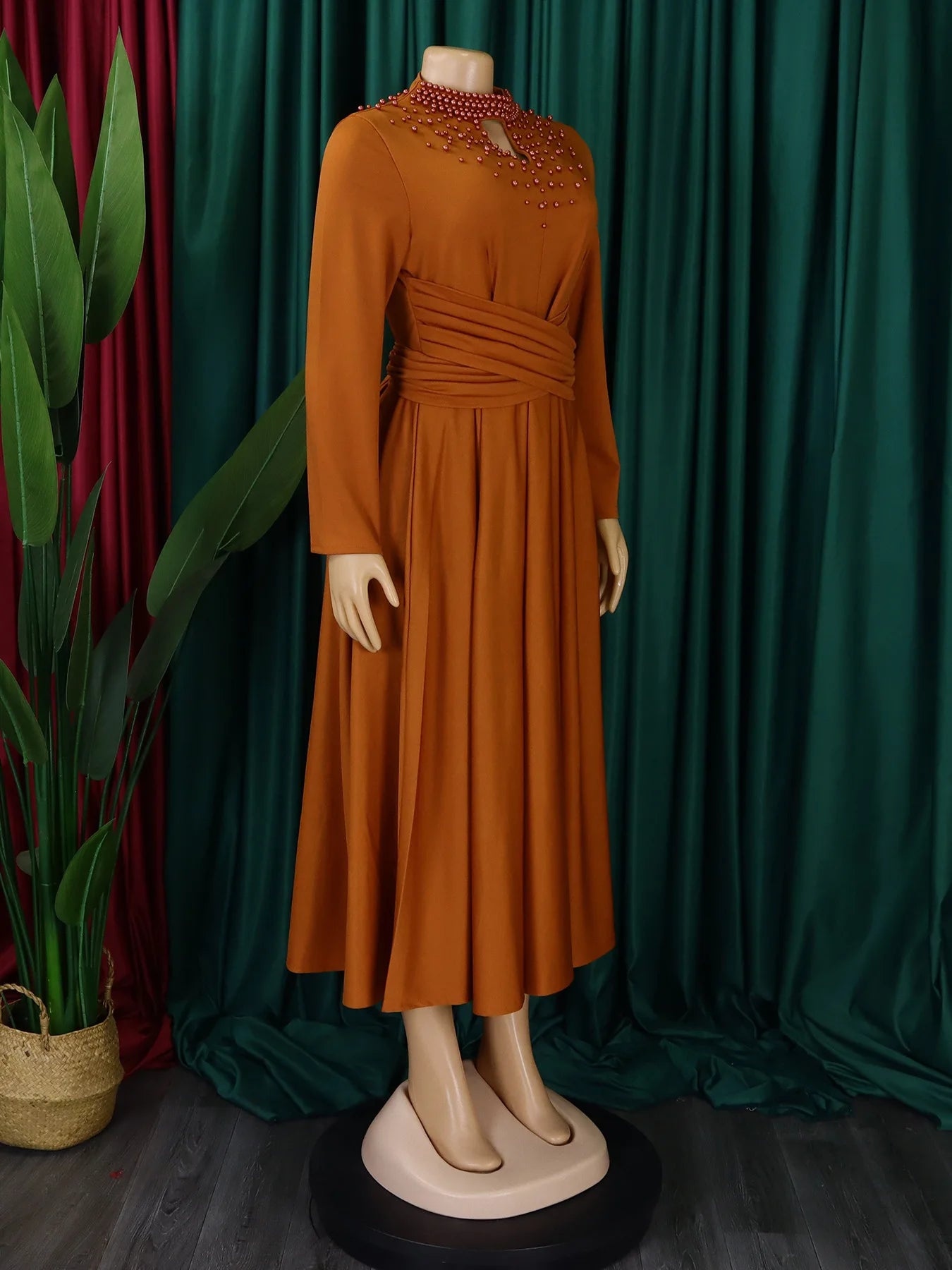 Vestido Elegante Africano para Mujer, Vestidos de Noche con Cuello Alto y Cuentas a la Moda, Vestido Delgado de Temperamento para Mujer, Vestidos Casuales de Manga Larga