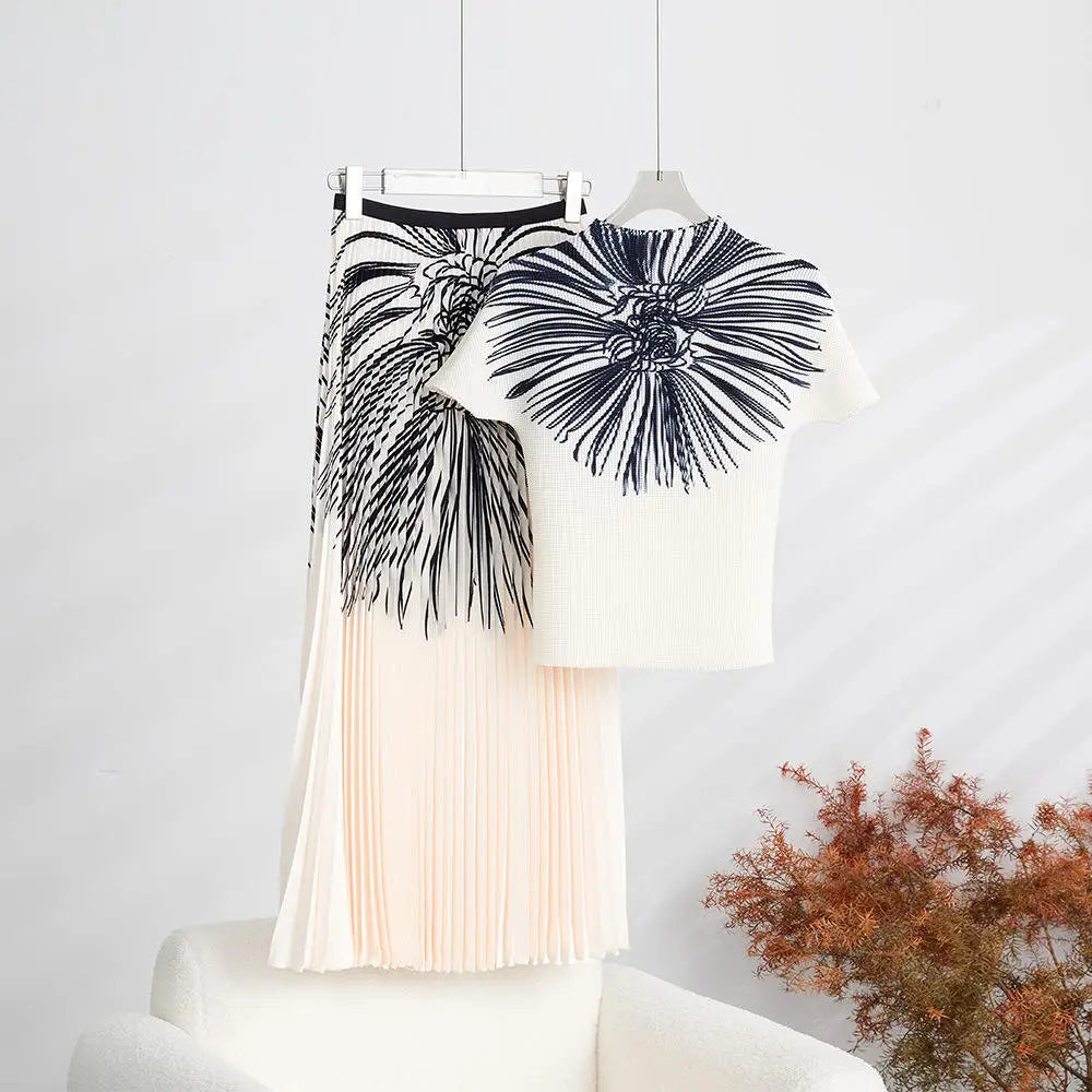 Pleated Skirt and Pleated Shirt Set Women's Summer Short Sleeve Top and Long Printed Pleated Skirt 2-Piece Set Short Skirt