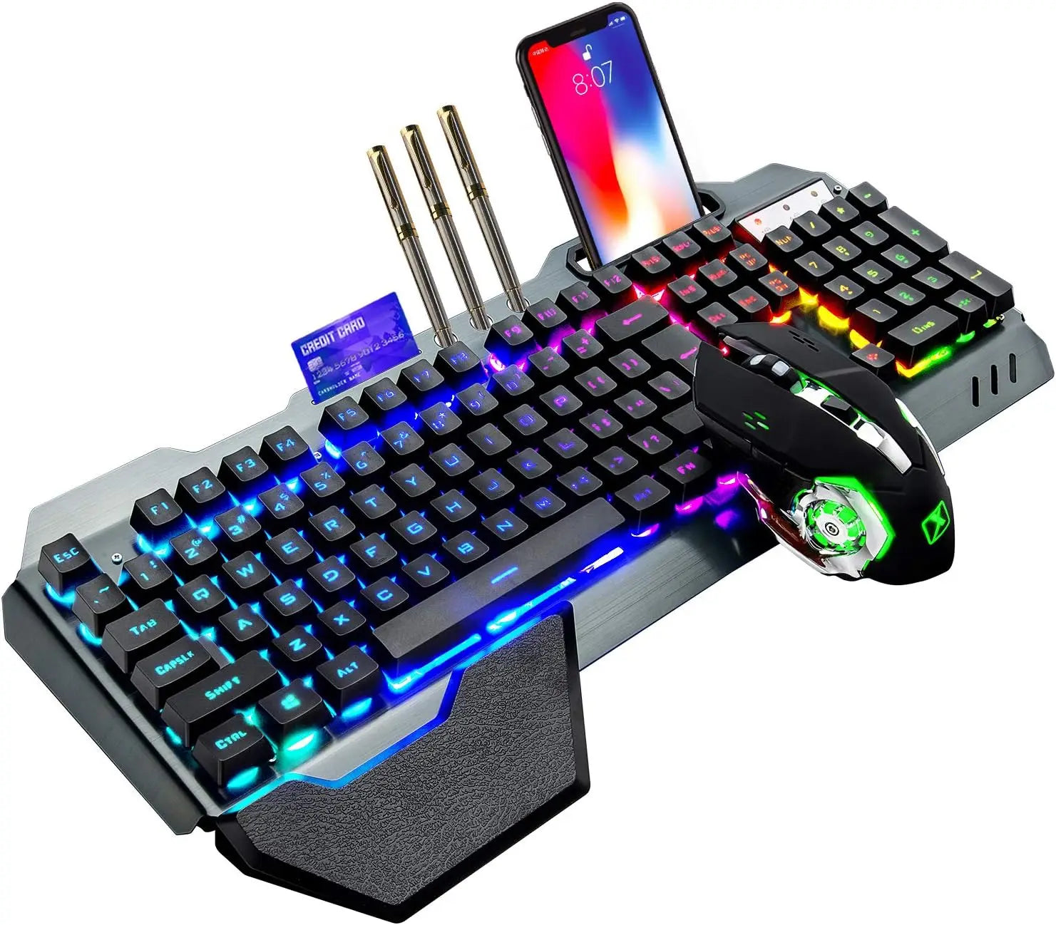 Teclado y ratón inalámbricos K680 para videojuegos, teclado retroiluminado LED arcoíris con panel metálico y batería recargable de 3800 mAh