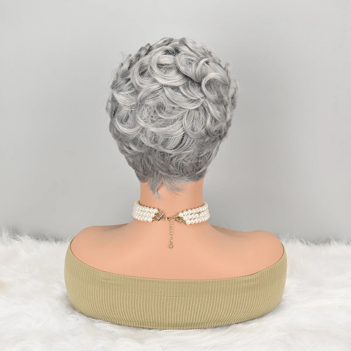Gray short curly hair with fringe, suitable for daily and festive wear as a synthetic wig.