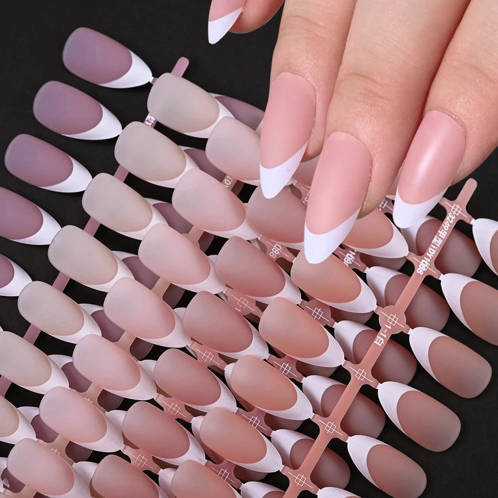 150/100/24Pcs Pink Matte French Press On Nail Tips Soft Full Cover Fake Nails Oval Almond False Nails Natural Extension Manicure