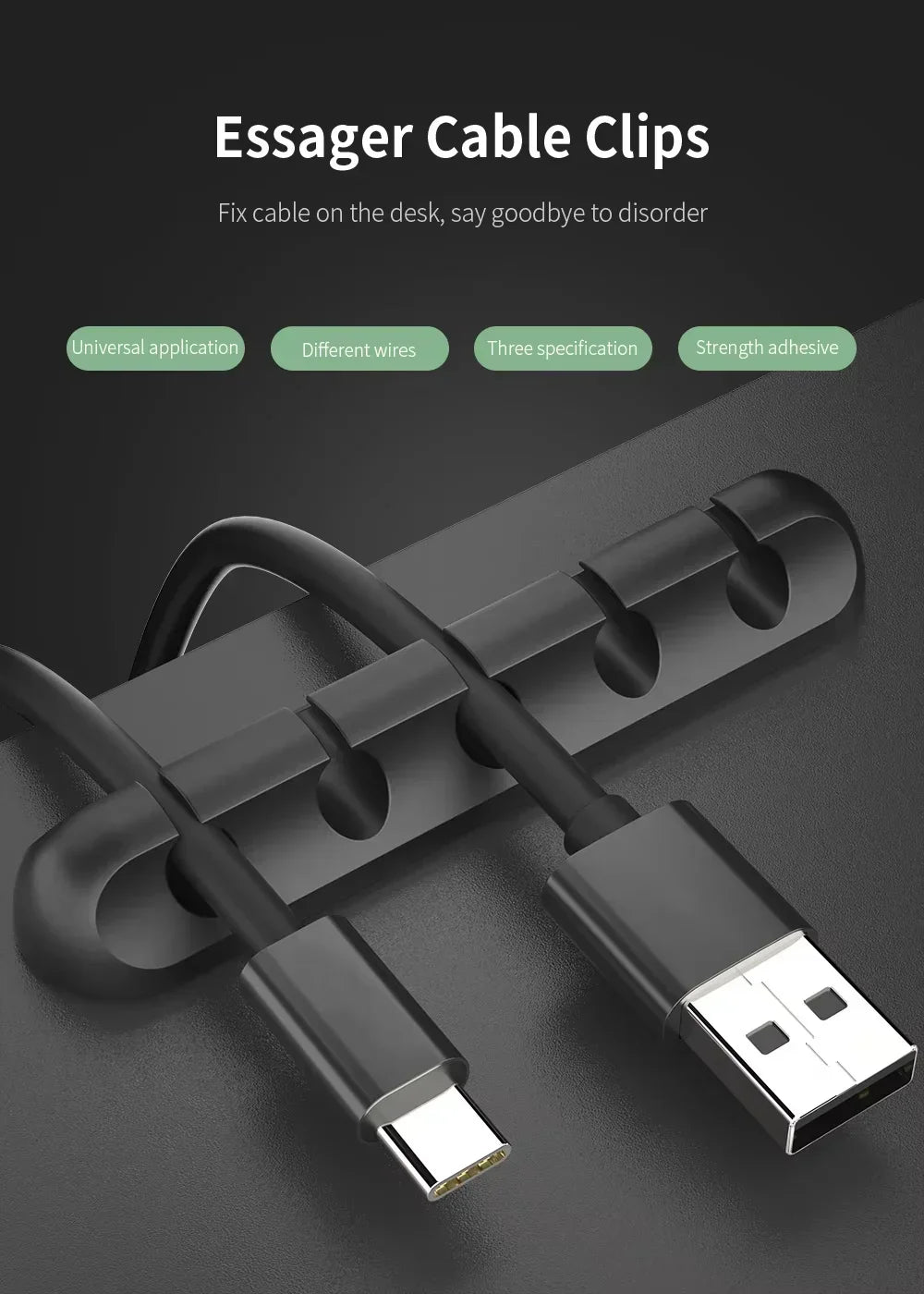 Clips adhesivos para cables, organizador de cables para escritorio, cable de carga USB, cable de alimentación para mesita de noche, cable de ratón