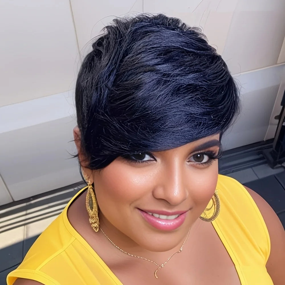 Short Pixie Bob Human Hair Wig – Layered Wavy Style with Bangs