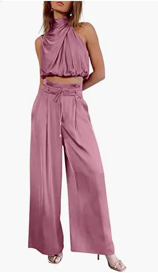 Ensemble deux pièces pour femme, pantalon ouvert au nombril, haut sans manches en soie plissée, pantalon large, ensemble assorti d'été 2024