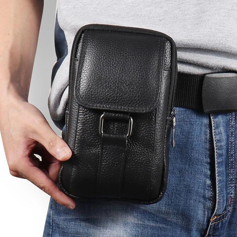 Riñonera portátil de cuero vacuno para teléfono móvil, multi-bolsillos, informal, para deporte al aire libre