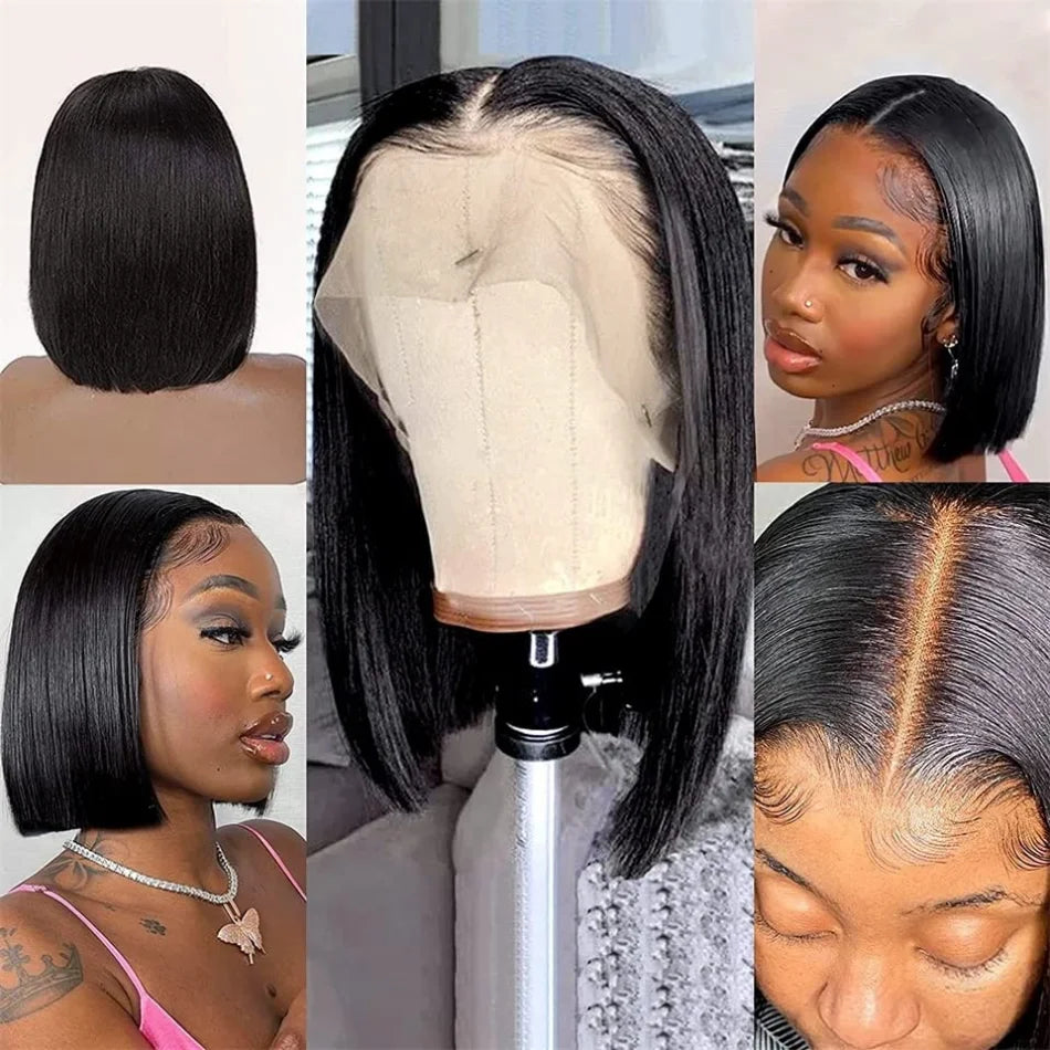 Pelucas de cabello humano Bob 13x6 pelucas delanteras de encaje 220 densidad cortas y lisas Hd Pelucas frontales de encaje transparente Cierre brasileño para mujeres