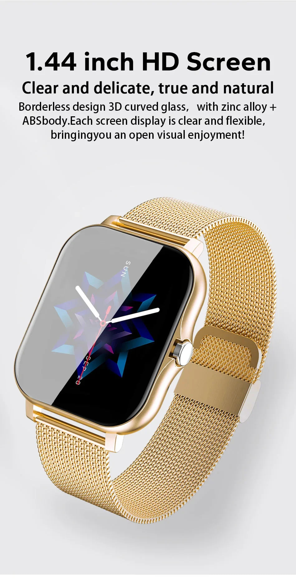 Smartwatch para teléfono Android. Pantalla a color de 1,44 pulgadas, táctil, llamada Bluetooth, carga magnética.