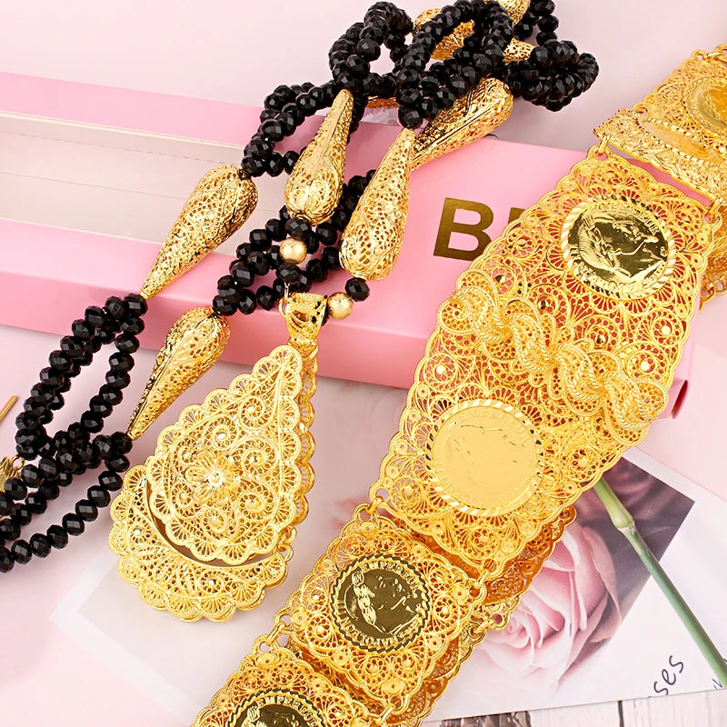 Juego de joyas de novia árabe, accesorios de boda, chapado en oro, étnico, musulmán, Argelia, trajes de mujer, conjunto de 2 piezas elegantes