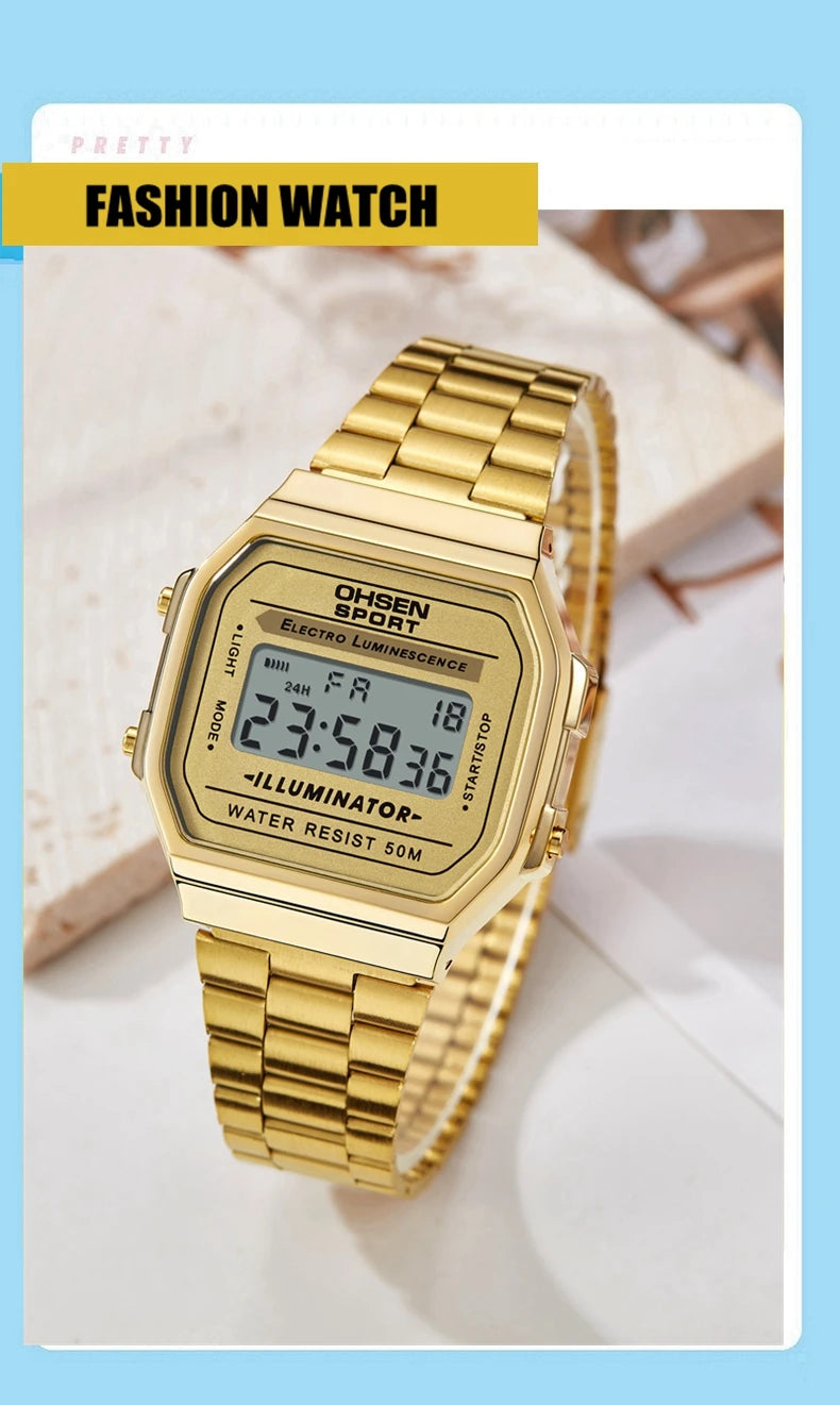 Relojes digitales para mujer de lujo dorados para mujer, deportivos, reloj de acero inoxidable, reloj electrónico, despertadores, regalos