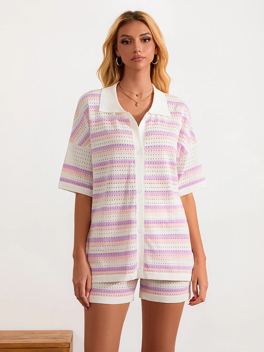 Conjunto de Pijama de Mujer de 2 Piezas Trajes de Salón Verano Rayas Contraste de Color Botón Tops de Punto de Ganchillo y Pantalones Cortos Conjuntos de Salón Playa